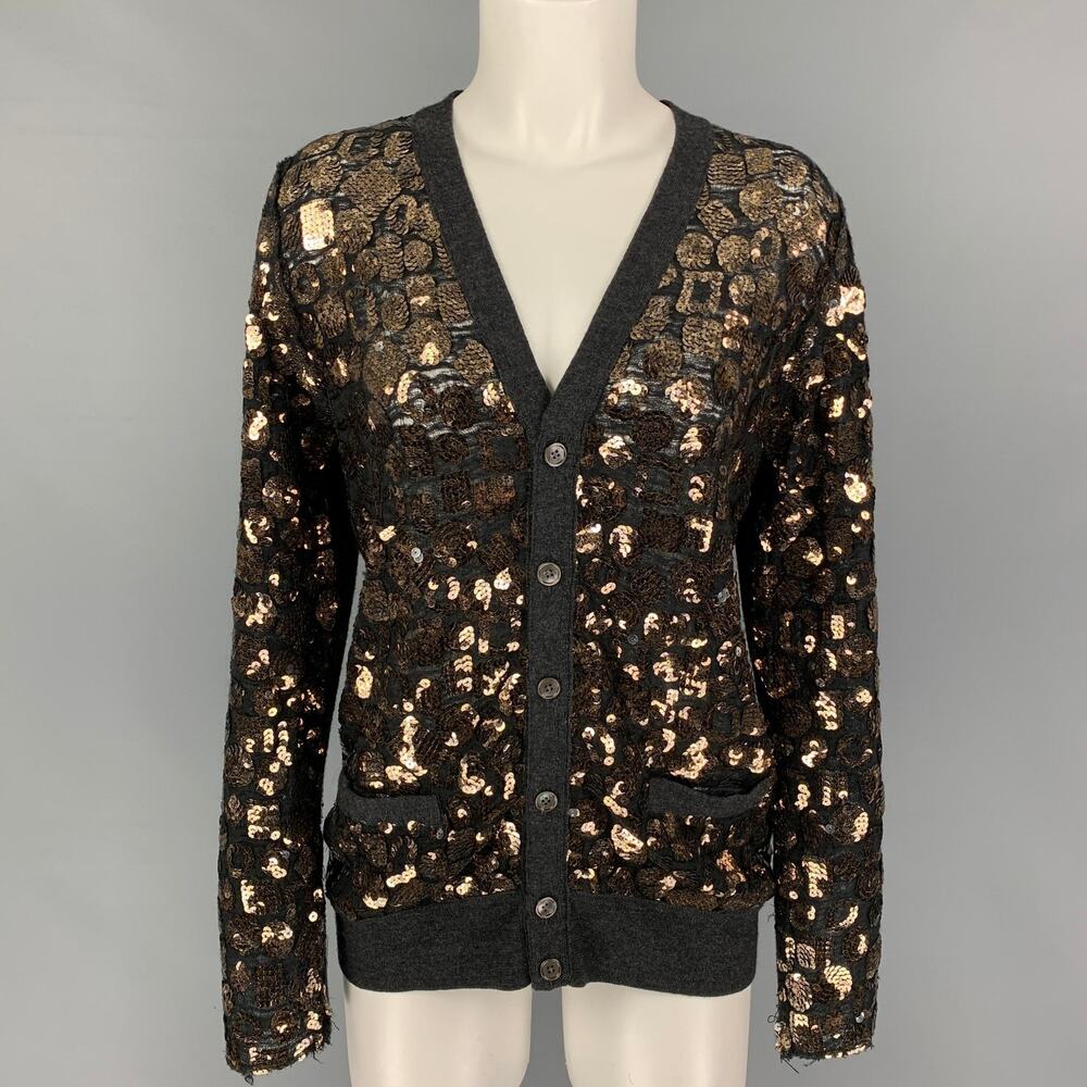 MARC JACOBS Size S Charcoal Gold Merino Wool Sequined Buttoned Cardigan